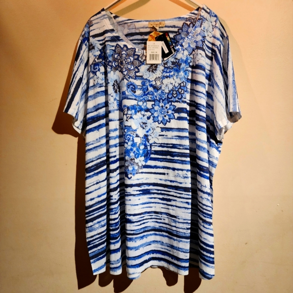NWT Summer ONE WORLD Embellished Floral & Stripe Watercolor Top Blouse
